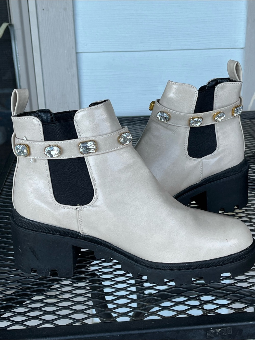 Nicole Millet Women’s Cream Chelsea Booties with Crystal Strap